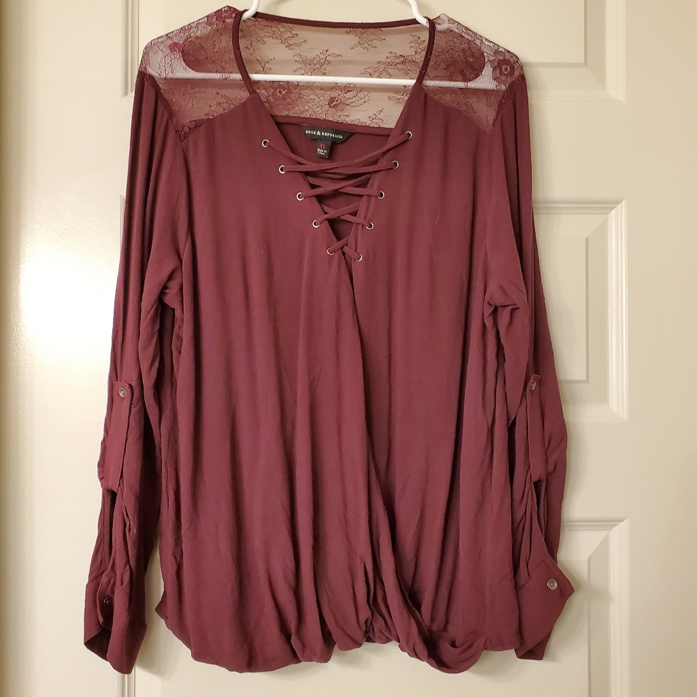 Rock & Republic Long Sleeve Burgundy Lace Blouse